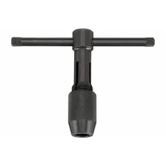 This sliding T-handle tap wrench is designed for manual threading operations, accommodating taps from #0 to 1/4 inch. The sliding T-handle design allows controlled torque application for cutting threads in pre-drilled holes. Suitable for general metalworking, maintenance, and fabrication tasks.