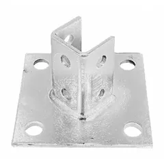 Hot dipped galvanized steel post base for single strut channels, sized 1-5/8 in x 1-5/8 in with six holes. Used to secure and support strut channel framing in industrial applications for mounting piping, conduit, and equipment.