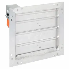 Rectangular motorized control damper with 15 in height, 15 in width, and 12 in length. Constructed of aluminum with 1 1/2 in flange width. Features flat blade design and normally open switch action. Rated for 100/240V AC and maximum air velocity of 3500 fpm. Used in HVAC and ventilation systems for airflow regulation.