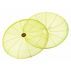 This fan guard set includes one front and one rear section made of steel with a yellow powder-coated finish. It is designed for use with industrial fans and ceiling fans to provide protection around rotating blades. The guard diameter is 33 inches.