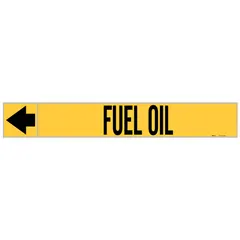Yellow adhesive pipe markers with black legend reading 'Fuel Oil', designed for pipe outer diameters of 1-1/2 to 2 inches. Each roll contains 25 markers with directional arrows, used for identifying fuel oil lines in piping systems.