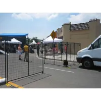 This 28-panel modular barricade system consists of steel panels with a black powder-coated finish. Panels measure 7 1/2 ft in length and interlock for assembly, allowing manual carry portability. The kit includes a forklift-compatible storage pallet. Typical applications include crowd control, event security, and perimeter demarcation at construction sites or public gatherings