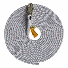 This 150 ft polypropylene rope lifeline is designed for use with rope grabs in vertical fall protection applications. It has a 310 lb capacity and includes steel hardware. The white lifeline provides a reliable connection point for workers at height.