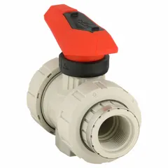 This two-piece polypropylene ball valve has a straight body with FNPT female threaded ends on both sides. It is operated manually via a lever handle for on/off control in piping systems handling corrosive or high-purity fluids.