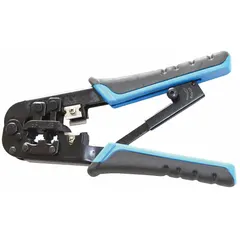 This modular data plug crimper is used to terminate RJ-11, RJ-12, and RJ-45 connectors onto cable ends. It features a deluxe cushion grip and is non-insulated. Overall length is 7 1/4 inches. Suitable for telecommunications and network cabling tasks.
