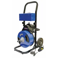 Corded drum machine for clearing blockages in 3-inch to 4-inch diameter pipes. Features a 1/2-inch cable diameter and 75-foot cable length for reaching deep clogs. Used by maintenance teams and plumbers for residential and light commercial drain cleaning.