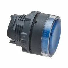 Momentary illuminated flush-mount push-button operator from the XB5 series. Features a blue non-metallic actuator with a 22 mm mounting diameter. Suitable for industrial control panels and automation systems requiring momentary switching with visual indication.