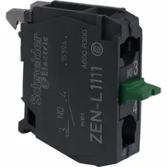 Contact block with 1 normally open (1NO) configuration and momentary/late break switch action. Features screw clamp terminals for secure wiring. Compatible with XAPS series control stations. Used in industrial control circuits for momentary switching applications.