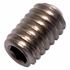 Metric cup point set screw with M4x0.7 thread, 6 mm overall length, plain finish, and socket drive. Made of titanium for corrosion resistance and weight reduction. Used for secure positioning and locking of components in assemblies where a non-marring holding action is required.