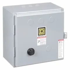 This SQUARE D enclosed reversing starter is designed for three-phase motor control, enabling forward and reverse operation. Rated NEMA Size 00 with a 9 A current capacity and 110/120V AC coil voltage, it features screw clamp terminals and three poles. Overload protection requires three melting alloy thermal units (not included). Typical applications include conveyors, hoists, and pumps where reversing motor direction is needed.