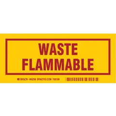 This yellow self-adhesive label measures 7 inches wide by 3 inches tall and displays a 'Waste Flammable' message. It is used to mark containers such as drums and totes that hold waste flammable materials, helping to communicate handling requirements in industrial and waste management settings. Supplied in packs of 25.