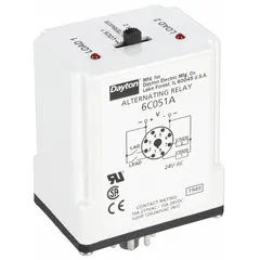 This Dayton alternating relay is a socket-mounted, plug-in device with an octal base and DPDT configuration. It is rated for 10 A at 240 V AC and 10 A at 28 V DC. Used in industrial control systems to alternate operation between two loads, such as pumps or compressors, to balance run time and reduce wear.