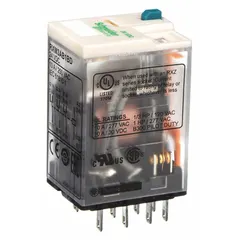 Socket-mounted relay from the Harmony RXM series with 3PDT contact configuration, 24V DC coil, and 10 A current rating. Features a square base with flat pins for plug-in mounting and quick-connect terminals. Suitable for general-purpose switching in control panels, automation systems, and machinery.
