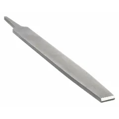 Rectangular file with tapered double-cut teeth for controlled material removal. Smooth cut and natural finish suitable for precision metal shaping, deburring, and finishing on flat surfaces and edges. Dimensions: 8 in length without tang, 13/16 in width, 7/32 in thickness.