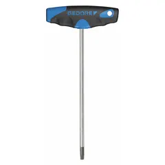 T-shaped Torx key with standard end and T10 tip size. Long handle length of 3 1/8 in provides leverage. Made from alloy steel with chrome finish. Suitable for tightening or loosening Torx fasteners in automotive, machinery, and assembly applications.