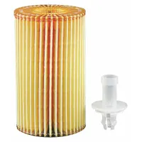 Cartridge oil filter element for Toyota vehicles. Features cellulose media, 4 5/8 in overall height, 2 11/16 in outside diameter, and includes a plastic drain tube for clean removal