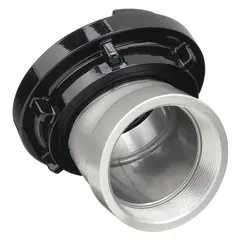 This aluminum adapter features a 30° elbow design with NPT threads on one end and a Storz coupling on the other, sized 4 in x 5 in. It is used to connect NPT-threaded piping to Storz couplings in fire hydrant and standpipe systems for water supply connections.