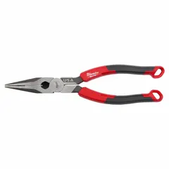 These 8 in needle-nose pliers feature serrated flat jaws with a 2 3/4 in jaw length and 2 3/4 in max jaw opening. Designed for gripping, pulling, and bending wire in confined spaces, they are commonly used in electrical and general industrial applications.