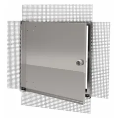 This steel latching access door is designed for ceiling mounting, featuring a concealed hinge and plaster bead flange for a flush finish with drywall. Constructed from 16-gauge steel, it provides a secure opening for maintenance access to plumbing, electrical, or HVAC systems in commercial and industrial buildings.