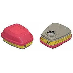 Magenta/yellow combination cartridge/filter for 3M FF-400 Series reusable respirators. NIOSH rated for acid gas and organic vapor protection with P100 particulate filtration. Bayonet connection. Pack of 2.