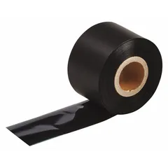 Black resin ribbon from the R4700 series, 1 9/16 in wide by 984 ft long, formulated for solvent-resistant printing. Compatible with BBP81 printers. RoHS compliant to 2011/65/EU. Used for industrial labeling applications requiring resistance to chemicals and abrasion.