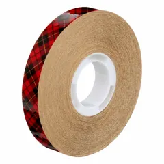 3M 924 is a reverse-wound adhesive transfer tape with a permanent-bond acrylic adhesive on a kraft paper liner. Supplied in a 12-pack, each roll is 1/2 inch wide by 36 yards long and 2 mil thick. The transparent tape is used for bonding nameplates, decorative trim, and gaskets in industrial assembly applications.