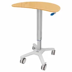 This mobile workstation is constructed from aluminum with a maple cabinet color. It features four swivel casters with brakes for secure positioning. Designed for use in medical environments to support laptops and equipment at the point of care.