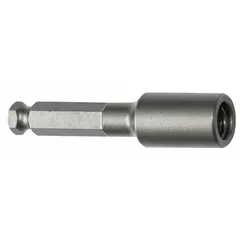 This power bit holder accepts 1/4-inch hex-shank bits for use in power tools. It is nonmagnetic and not impact rated, suitable for standard drilling and screwdriving tasks in assembly, maintenance, and fabrication.