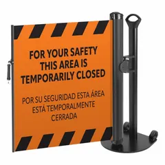 This retractable belt barrier system consists of one mobile stand with a 38-inch post height and an 11 1/2 ft orange round flat belt printed with a black 'Area Temporarily Closed' message. The belt features an industrial hook for secure attachment. It is used for temporary area control, directing pedestrian flow and marking restricted zones in facilities such as warehouses and public spaces.