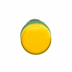 Yellow LED pilot light with 22 mm panel mounting hole diameter. Part of the XB5 series for industrial control panels. Used to indicate machine status, alarm conditions, or process states in automation and manufacturing environments.