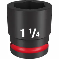 This 3/4" drive impact socket features a 1-1/4" SAE hex size with a 6-point design. It is constructed with a black phosphate finish for corrosion resistance. Designed for use with impact wrenches in heavy-duty fastening and loosening applications.