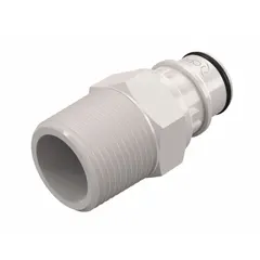 This polysulfone quick-disconnect tube fitting features a 3/4 in pipe size with a Quick-Disconnect Coupler x NPT connection type. It is used for straightforward coupling in fluid systems, providing a lightweight and corrosion-resistant connection for tubing and pipe applications.