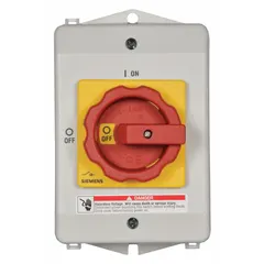 This non-fusible disconnect switch is rated for 30 A and three-phase operation. It features a plastic housing and a red/yellow handle for visible break indication. Suitable for indoor/outdoor use, it is CSA Certified for isolating electrical circuits in industrial applications.