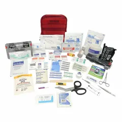 Bleeding control kit serving 2 people with 99 components organized in 6 pockets. Includes 4-inch Israeli bandages for wound dressing. Housed in a nylon material for portability. Suitable for emergency first aid response in industrial, workplace, or outdoor settings.