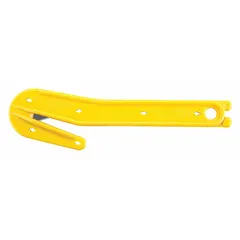 This single-hook safety cutter features a straight handle and a plain steel blade. With an overall length of 8-1/2 inches, it is suited for cutting film and foam in packaging, insulation, and industrial trimming tasks.
