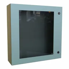 This HAMMOND steel washdown enclosure measures 24 x 24 x 6 inches and features a solid cover with a window. It is rated NEMA 12/3R/4 for protection against dust, rain, and hose-directed water. The enclosure uses a 1/4-turn latch closure and does not include knockouts. Suitable for housing electrical controls and instruments in indoor or outdoor industrial environments.