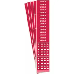 Red adhesive pipe marker with white 'Sprinkler' legend and directional arrows. Designed for 3/4 in and smaller pipe O.D. Each pack contains 3 markers; sold in a 5-pack quantity. Used to identify sprinkler system piping in commercial or industrial facilities.