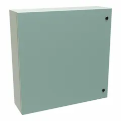 This steel enclosure measures 30 x 30 x 8 inches and features a solid hinged cover with a 1/4-turn latch. Rated NEMA 12, 3R, and 4, it provides protection against dust, rain, and hose-directed water for indoor or outdoor use. No knockouts are included. Typical applications include housing electrical controls and equipment in industrial washdown environments.