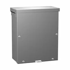 Galvanized steel enclosure with a solid screw-on cover, rated NEMA 3R for outdoor use. Measures 12 x 10 x 4 inches and includes knockouts for conduit entry. Suitable for protecting electrical connections, wiring, and components from rain, sleet, and external ice formation.