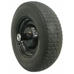 This pneumatic wheelbarrow tire has a 14.5-inch outside diameter and fits a 5/8-inch axle. It is designed as a replacement tire for wheelbarrows and small utility carts used in material handling tasks.