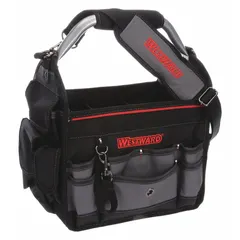 Polyester tool tote in black with 18 total pockets, including 4 inside pockets. Measures 12 inches wide by 8 1/2 inches deep by 12 inches high. Designed for carrying and organizing hand tools, fasteners, and small parts on job sites or in workshops.