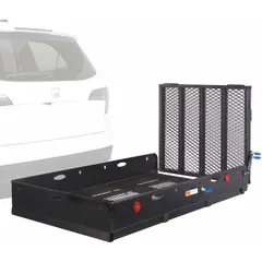 Steel hitch-mount cargo carrier with integrated ramp for Class IV hitches. Overall height 6 1/2 in, black finish. Not foldable. Suitable for transporting cargo and loading/unloading equipment on vehicles.