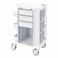 This medical procedure cart from MARKETLAB features an aluminum frame with a white cabinet and white drawer. It is equipped with two swivel casters and two swivel casters with brakes, providing maneuverability and stability. Commonly used in healthcare settings for organizing and transporting medical instruments and supplies during patient procedures