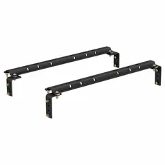 CURT fifth wheel base rails provide a mounting foundation for fifth wheel hitches in truck beds. With an overall width of 6 1/2 inches and height of 1 inch, these rails are used in fleet and vehicle maintenance applications for towing heavy trailers.