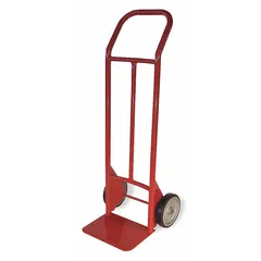 This hand truck features a steel frame with a red finish and a flow-back handle for maneuvering loads. It is equipped with 8-inch tread-on-core wheels suitable for use on flat surfaces in warehouses, factories, and distribution centers.