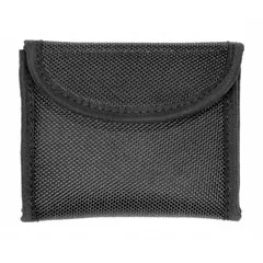 Black nylon duty equipment pouch for glove storage. Measures 4 1/4 in by 3 1/2 in. Hook-and-loop closure provides secure access. Suitable for belt or vest carry by security and industrial personnel.