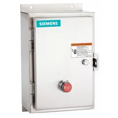 This enclosed non-reversing starter with electronic overload is designed for three-phase motor control. It features NEMA Size 0, 18 A rating, 3 poles, and a 240V AC coil. Includes screw terminals, a pilot light, and one normally open auxiliary contact. Suitable for starting and protecting motors in industrial applications such as pumps, conveyors, and fans.