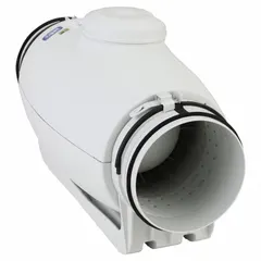 Thermoplastic inline duct fan with standard-efficiency motor, single speed, and speed controllable. Delivers up to 333 cfm through 6-inch ducts. Includes mounting bracket. Rated IP44 for protection against splashing water. Suitable for exhaust, supply, or boost ventilation in duct systems.