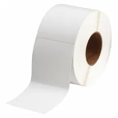 Acrylic permanent adhesive precut label roll, 4 in x 4 in, 1,400 labels per roll. Designed for use with THT-series thermal transfer printers. Suitable for industrial marking and asset tracking applications.