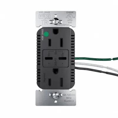 LEGRAND Receptacle: Duplex, 5-15R, 2 USB Ports, USB Type C, Black, 125V AC - Hospital-Grade Receptacles with USB Chargers